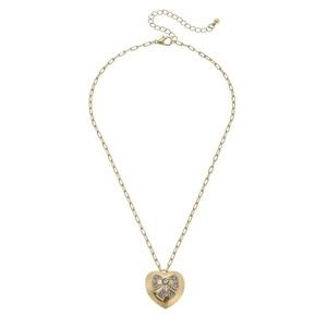 Chain Link Heart Pendant With Crystal Bow Necklace